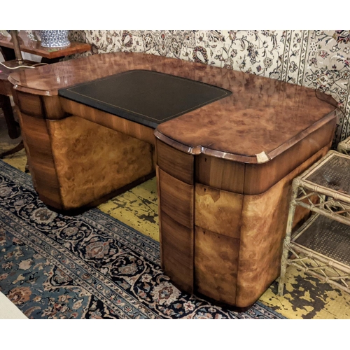 199 - PEDESTAL DESK, Art Deco burr walnut, 196cm W x 95cm D.