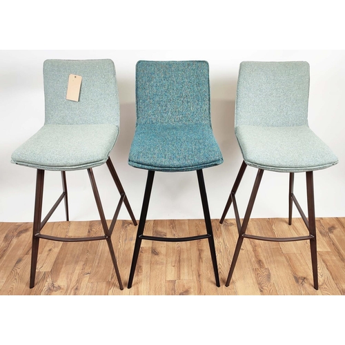 326 - BAR STOOLS, a set of three, two in a grey fabric upholstery with bronzed finish frame, one other in ... 