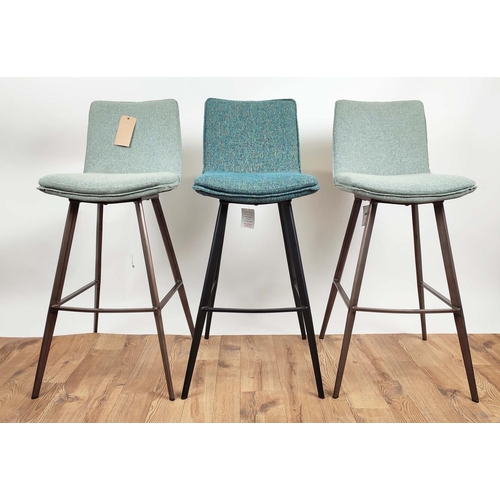 326 - BAR STOOLS, a set of three, two in a grey fabric upholstery with bronzed finish frame, one other in ... 