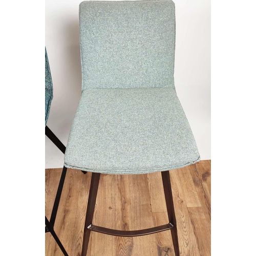 326 - BAR STOOLS, a set of three, two in a grey fabric upholstery with bronzed finish frame, one other in ... 