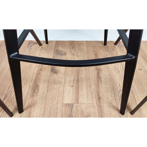 326 - BAR STOOLS, a set of three, two in a grey fabric upholstery with bronzed finish frame, one other in ... 