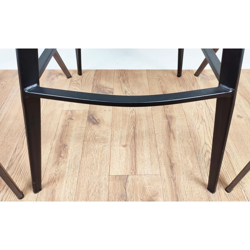 326 - BAR STOOLS, a set of three, two in a grey fabric upholstery with bronzed finish frame, one other in ... 