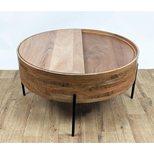 337 - LOW TABLE, 1960's style, top spins to reveal internal storage, 81cm diam x 40.5cm.