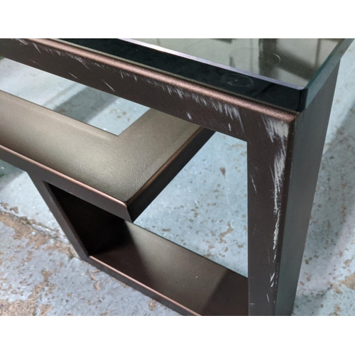 345 - LOW TABLE, 120cm W x 95cm D x 42cm H, glass and metal.