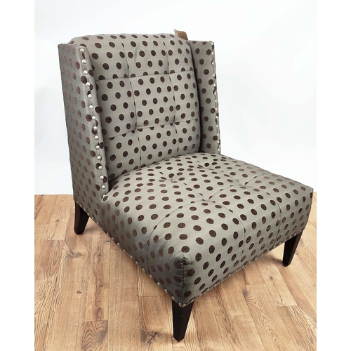 349 - LOUNGE CHAIR, 88cm H x 67cm W, spotted fabric with stud detail.