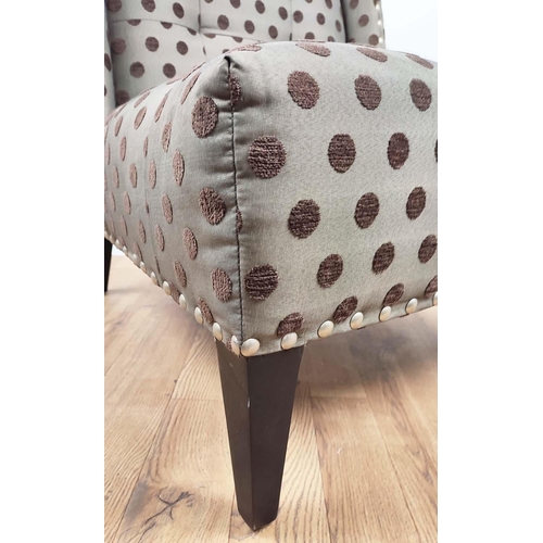 349 - LOUNGE CHAIR, 88cm H x 67cm W, spotted fabric with stud detail.