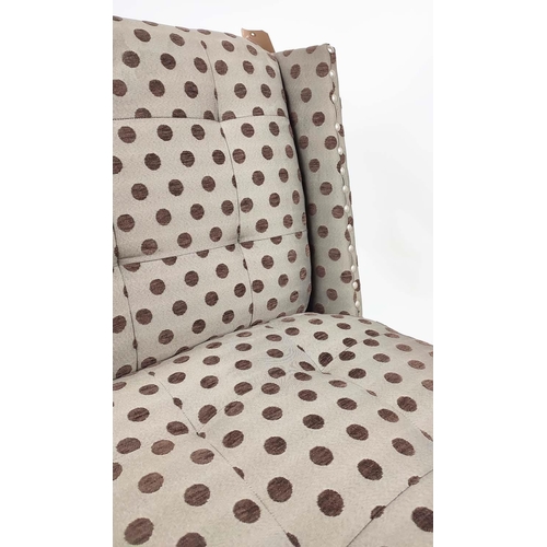 349 - LOUNGE CHAIR, 88cm H x 67cm W, spotted fabric with stud detail.