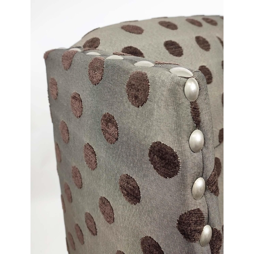 349 - LOUNGE CHAIR, 88cm H x 67cm W, spotted fabric with stud detail.