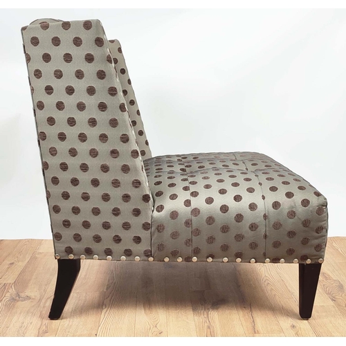 349 - LOUNGE CHAIR, 88cm H x 67cm W, spotted fabric with stud detail.