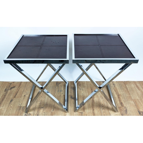 352 - SIDE TABLES, a pair, each 55cm W x 55cm D x 76cm H, X frame bases, leathered tops. (2)