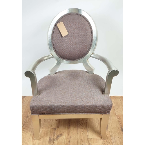 354 - OPEN ARMCHAIR, 103cm H x 76cm W, with a silvered frame.