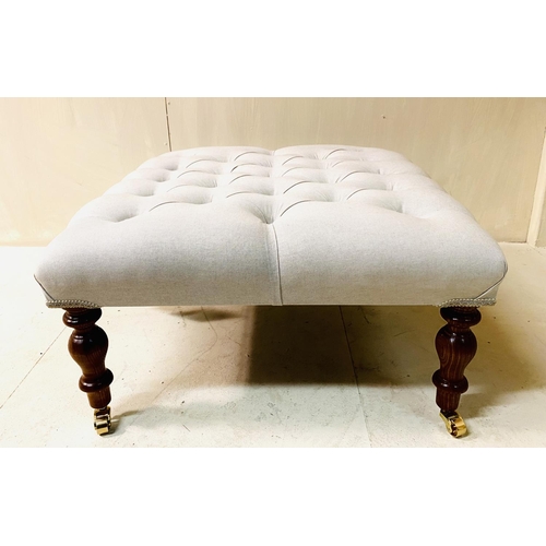 356 - HEARTH STOOL, 34cm high, 61cm wide, square sectioned, deep buttoned neutral upholstery, turned suppo... 