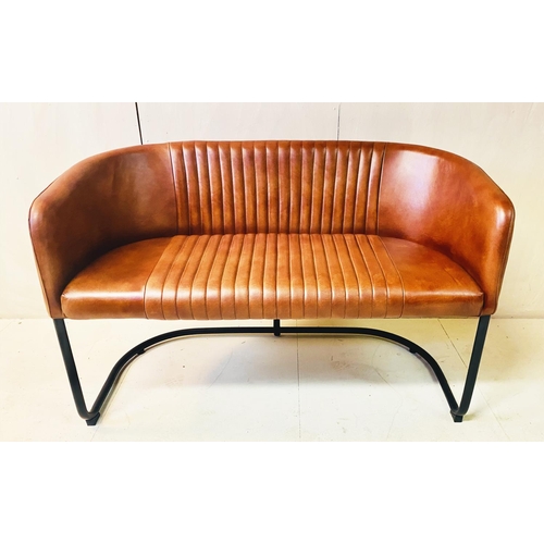 358 - SOFA, 76cm high, 116cm wide, 55cm deep, tan upholstery, ribbed finish, black tubular frame.