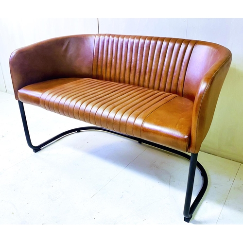 358 - SOFA, 76cm high, 116cm wide, 55cm deep, tan upholstery, ribbed finish, black tubular frame.