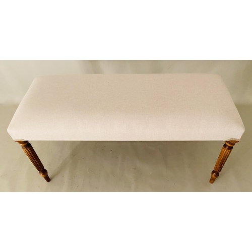 364 - WINDOW SEAT, 48cm high, 96cm wide, 40cm deep, neutral linen upholstered seat, turned legs.