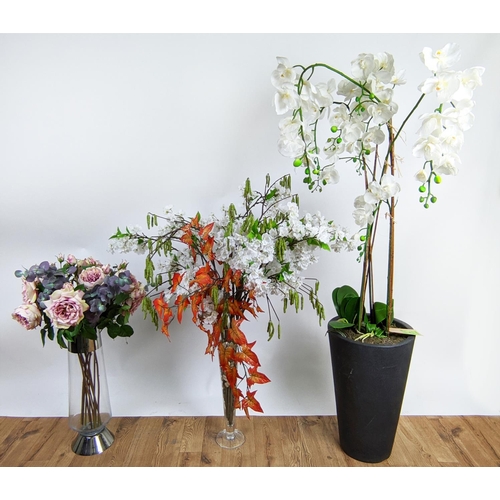 371 - FAUX FLORAL DISPLAYS, a collection of three, each differing, 164cm H approx at tallest. (3)