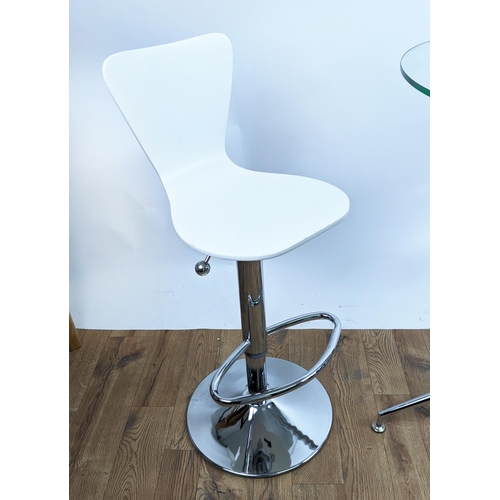 377 - THE CHAIR COMPANY BAR SET, including two bar stools, height adjustable (approx 63cm) and table, 89cm... 