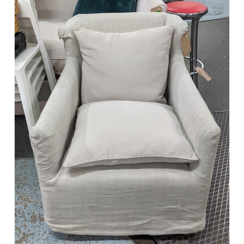 396 - OKA SWIVEL ARMCHAIR, in a loose cover, 68cm W x 77cm H.