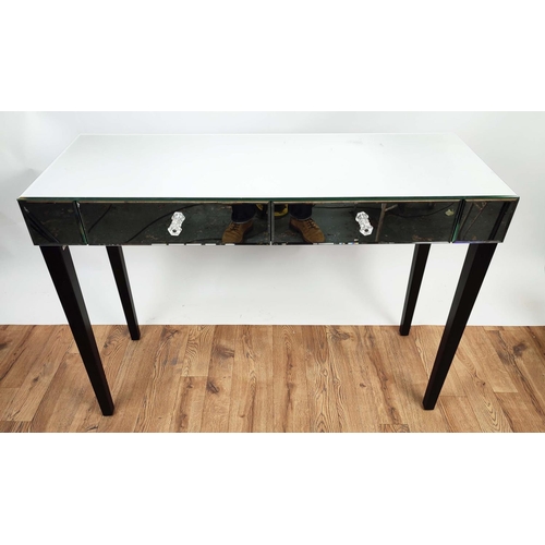 401 - CONSOLE TABLES, a pair, with two frieze drawers, each 102cm x 42cm x 83cm H. (2)