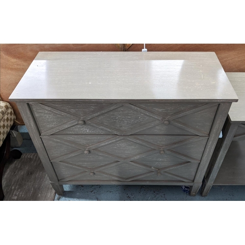 403 - CHEST OF DRAWERS, 92cm x 40cm x 78cm, three drawer, with matching side chest, 53cm x 40cm x 66cm, se... 