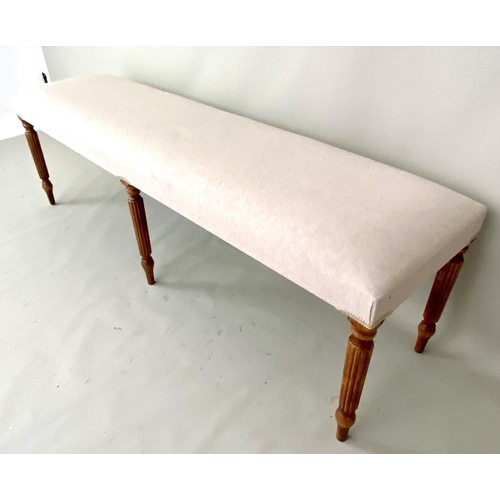 407 - HALL SEAT, 150cm x 40cm x 50cm, neutral upholstery, on six turned legs.