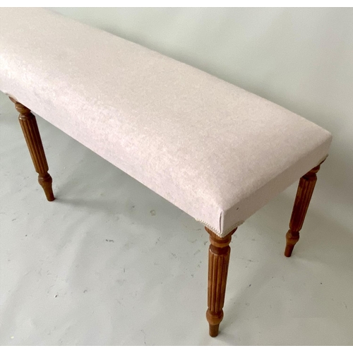 407 - HALL SEAT, 150cm x 40cm x 50cm, neutral upholstery, on six turned legs.