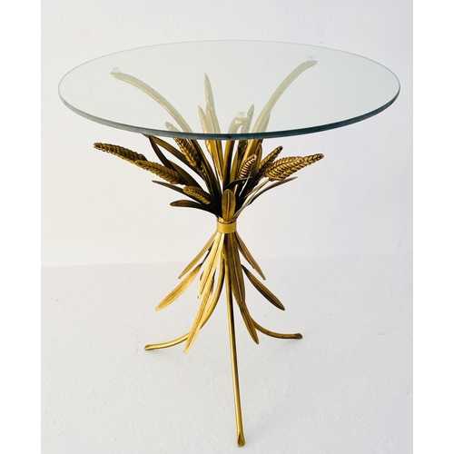 415 - MAISON JANSEN STYLE SIDE TABLE, 67cm high, 47cm diameter, wheat sheaf design, gilt metal, glass top.