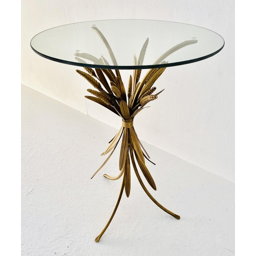 415 - MAISON JANSEN STYLE SIDE TABLE, 67cm high, 47cm diameter, wheat sheaf design, gilt metal, glass top.