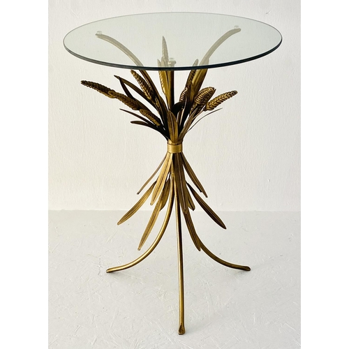 415 - MAISON JANSEN STYLE SIDE TABLE, 67cm high, 47cm diameter, wheat sheaf design, gilt metal, glass top.