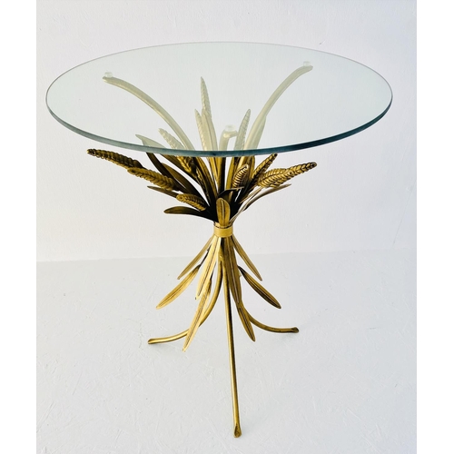 415 - MAISON JANSEN STYLE SIDE TABLE, 67cm high, 47cm diameter, wheat sheaf design, gilt metal, glass top.