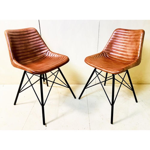 419 - BAR STOOLS, a pair, 77cm high, 54cm wide, 50cm deep, tan ribbed finish, black metal frames. (2)