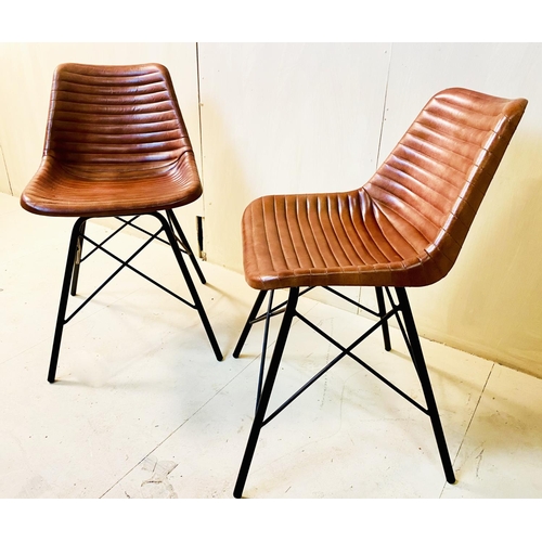 419 - BAR STOOLS, a pair, 77cm high, 54cm wide, 50cm deep, tan ribbed finish, black metal frames. (2)