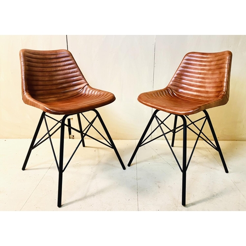 419 - BAR STOOLS, a pair, 77cm high, 54cm wide, 50cm deep, tan ribbed finish, black metal frames. (2)