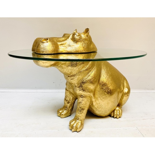 429 - HIPPOPOTAMUS LOW TABLE, gilt resin, glass top, 65cm x 45cm x 50cm.