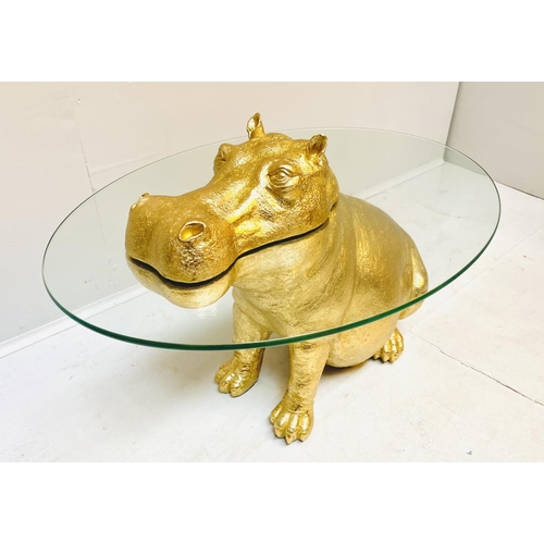 429 - HIPPOPOTAMUS LOW TABLE, gilt resin, glass top, 65cm x 45cm x 50cm.