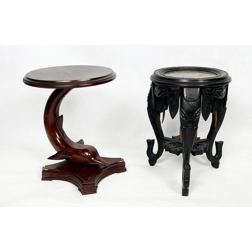 86 - INDIAN LAMP TABLES, two, to include a 19th century ebonised elephant design base with a marble top, ... 