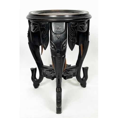 86 - INDIAN LAMP TABLES, two, to include a 19th century ebonised elephant design base with a marble top, ... 