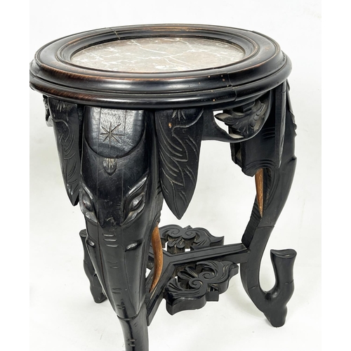 86 - INDIAN LAMP TABLES, two, to include a 19th century ebonised elephant design base with a marble top, ... 