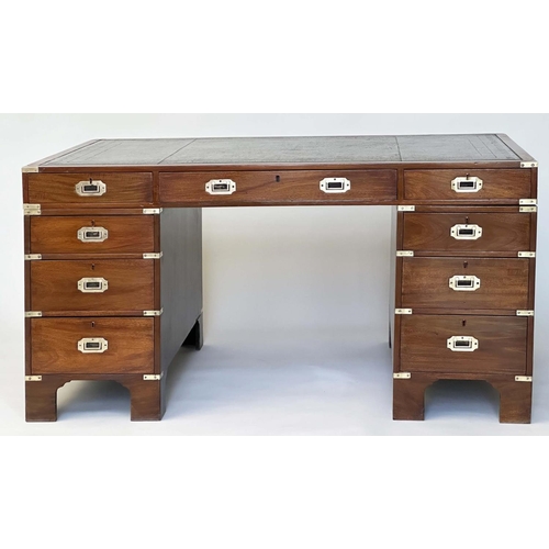 90 - CAMPAIGN STYLE DESK, mahogany and brass bound with tooled leather writing surface above nine drawers... 