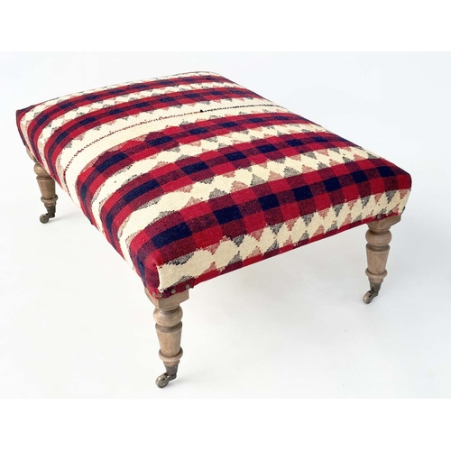 91 - KELIM HEARTH STOOL, rectangular Jajim Kelim (South West Persia) upholstered on turned mahogany taper... 