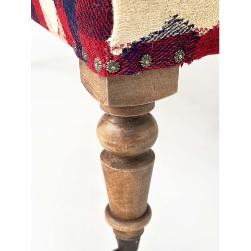 91 - KELIM HEARTH STOOL, rectangular Jajim Kelim (South West Persia) upholstered on turned mahogany taper... 