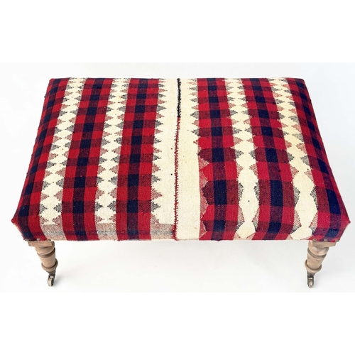 91 - KELIM HEARTH STOOL, rectangular Jajim Kelim (South West Persia) upholstered on turned mahogany taper... 