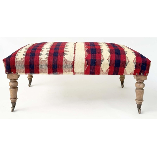 91 - KELIM HEARTH STOOL, rectangular Jajim Kelim (South West Persia) upholstered on turned mahogany taper... 