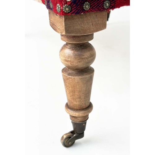 91 - KELIM HEARTH STOOL, rectangular Jajim Kelim (South West Persia) upholstered on turned mahogany taper... 