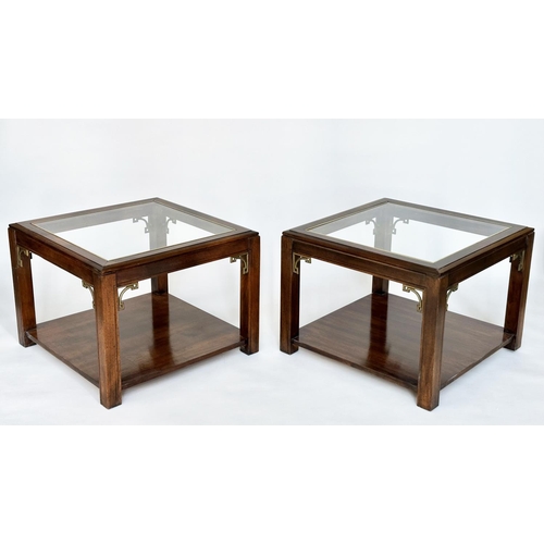 95 - LAMP TABLES, a pair, Georgian style mahogany and gilt metal mounted, each square glazed with underti... 