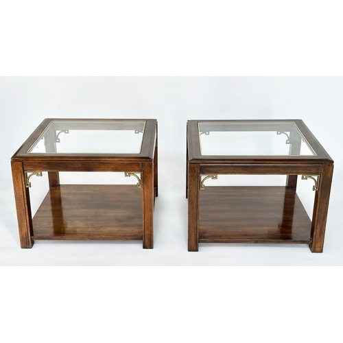 95 - LAMP TABLES, a pair, Georgian style mahogany and gilt metal mounted, each square glazed with underti... 