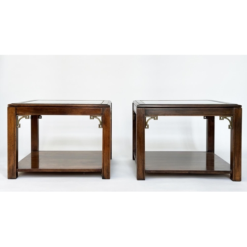 95 - LAMP TABLES, a pair, Georgian style mahogany and gilt metal mounted, each square glazed with underti... 