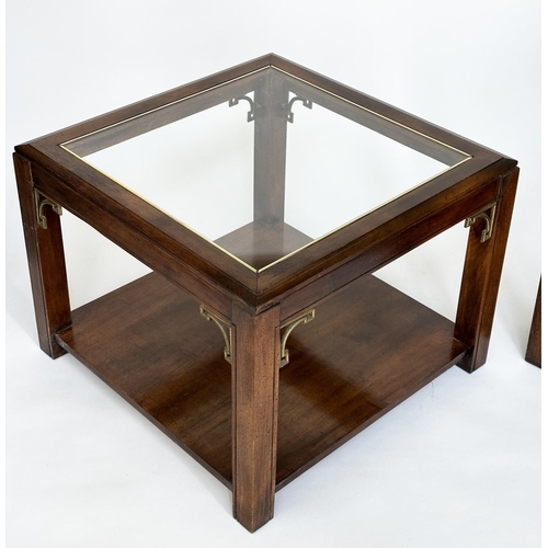 95 - LAMP TABLES, a pair, Georgian style mahogany and gilt metal mounted, each square glazed with underti... 