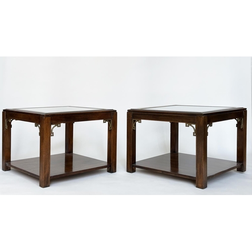 95 - LAMP TABLES, a pair, Georgian style mahogany and gilt metal mounted, each square glazed with underti... 