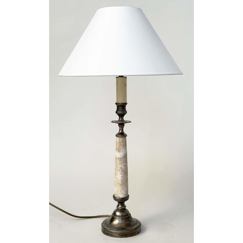 96 - COLUMN TABLE LAMPS, a pair, marble and silvered metal of column form, 68cm H. (2)